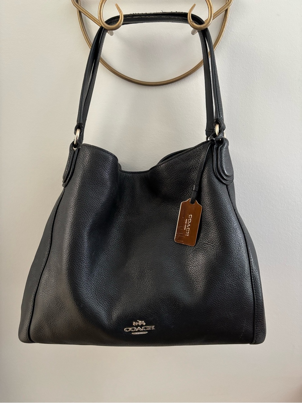 Coach Pebbled Leather Turnlock Shoulder Tote Black!!